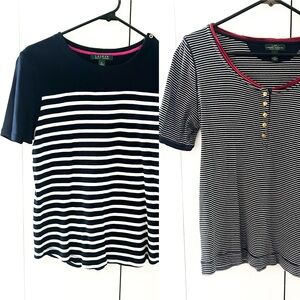 Two Lauren by Ralph Lauren short sleeve shirts w/ navy + white stripes, nautical